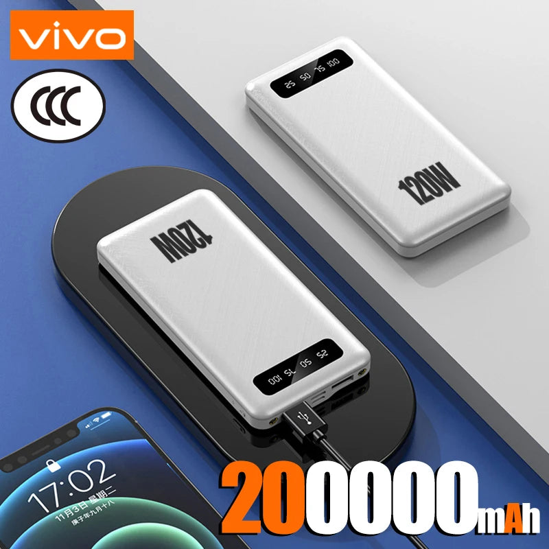 VIVO 200000mAh PowerBank 120W Super Fast Charging High Capacity Portable External Battery With LED Digital Display For IPhone