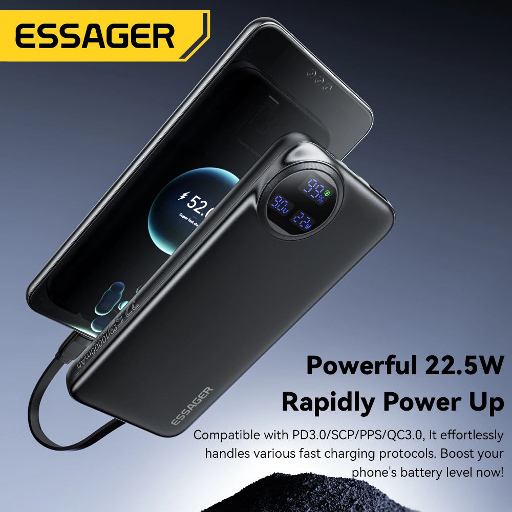 Essager 22.5W Power Bank 20000mAh with Two Built-in Cables Portable