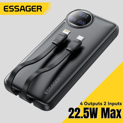 Essager 22.5W Power Bank 20000mAh with Two Built-in Cables Portable