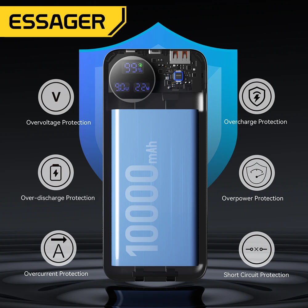 Essager 22.5W Power Bank 20000mAh with Two Built-in Cables Portable