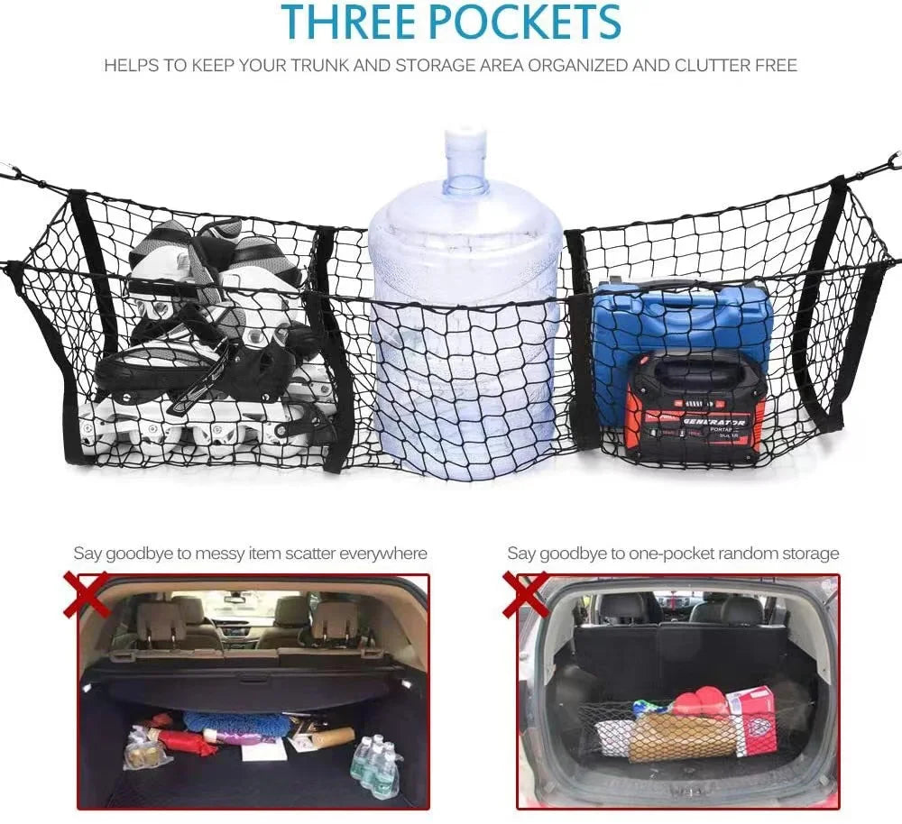 Filet de coffre pour voiture, organisateur de coffre extensible à 3 poches,